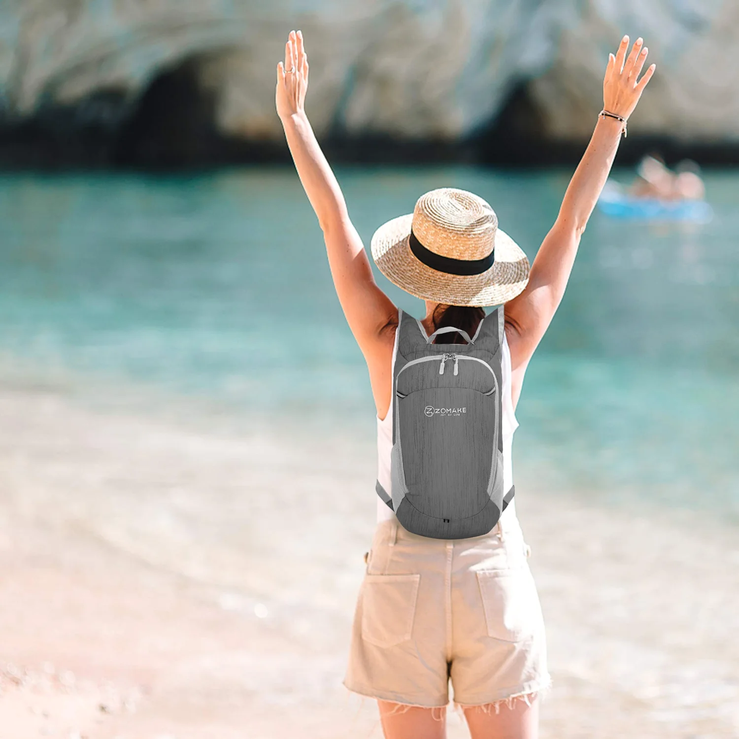 A packable daypack on a beach walk