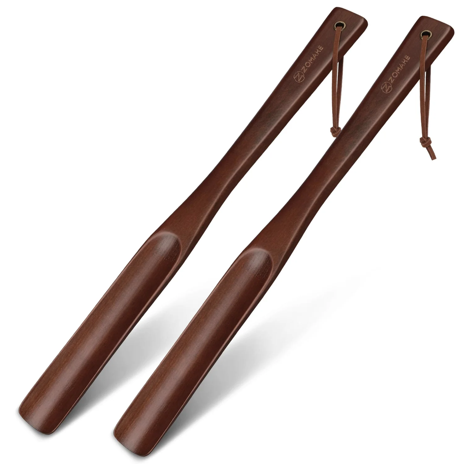 ZOMAKE 2-Pack Wooden Shoe Horn Long Handle 16.9", Brown