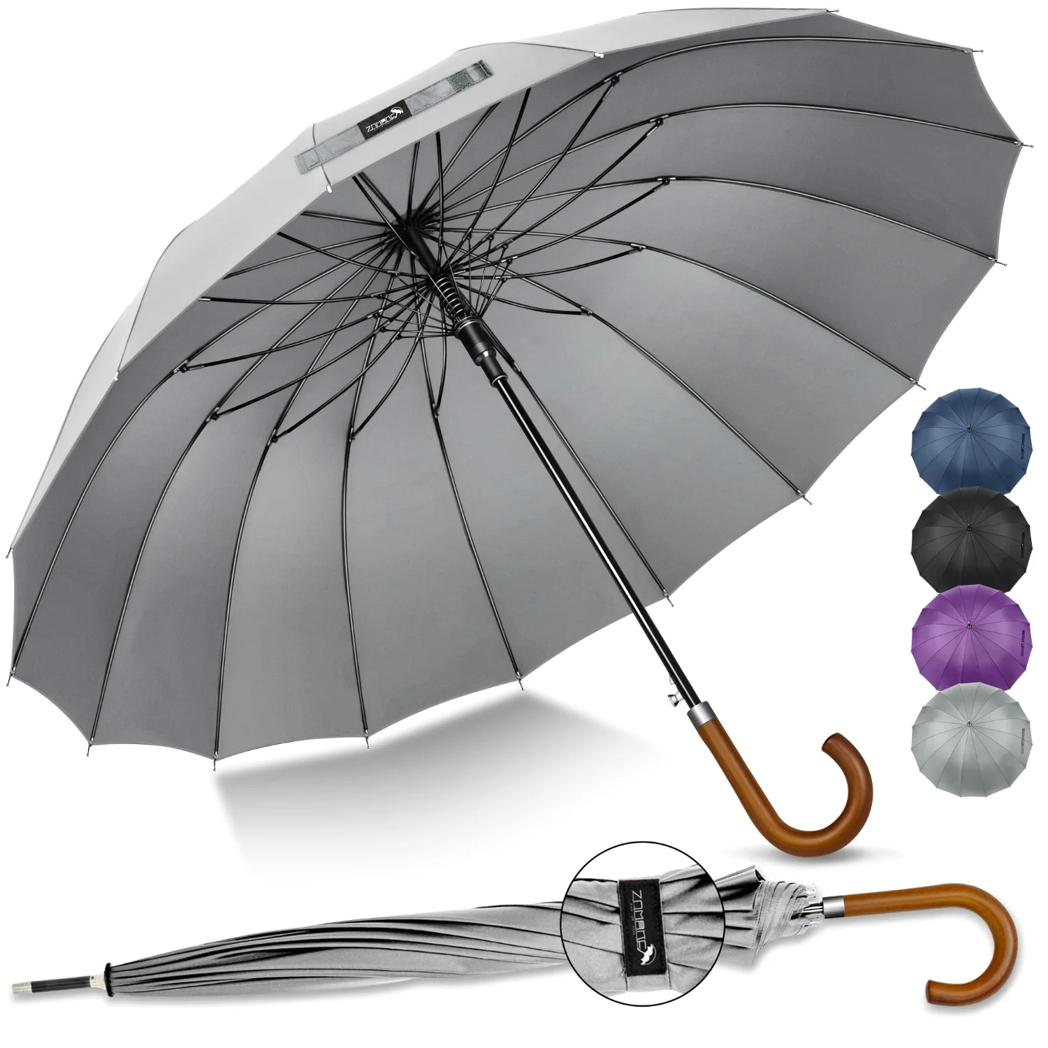 ZOMAKE Large Stick Umbrella With Wood Hook 16 ribs, Light Gray