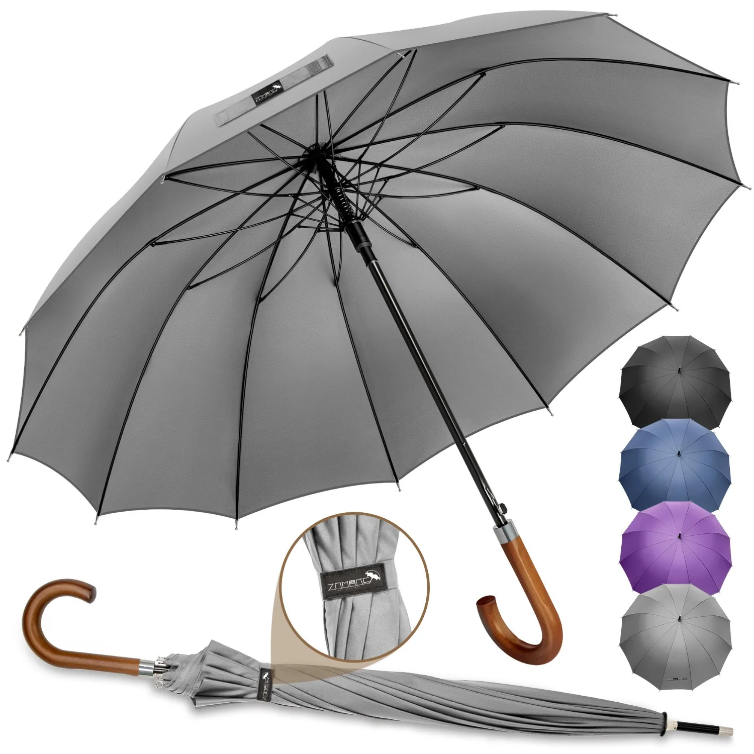 ZOMAKE Large Stick Umbrella With Wood Hook 12 ribs, Light Gray