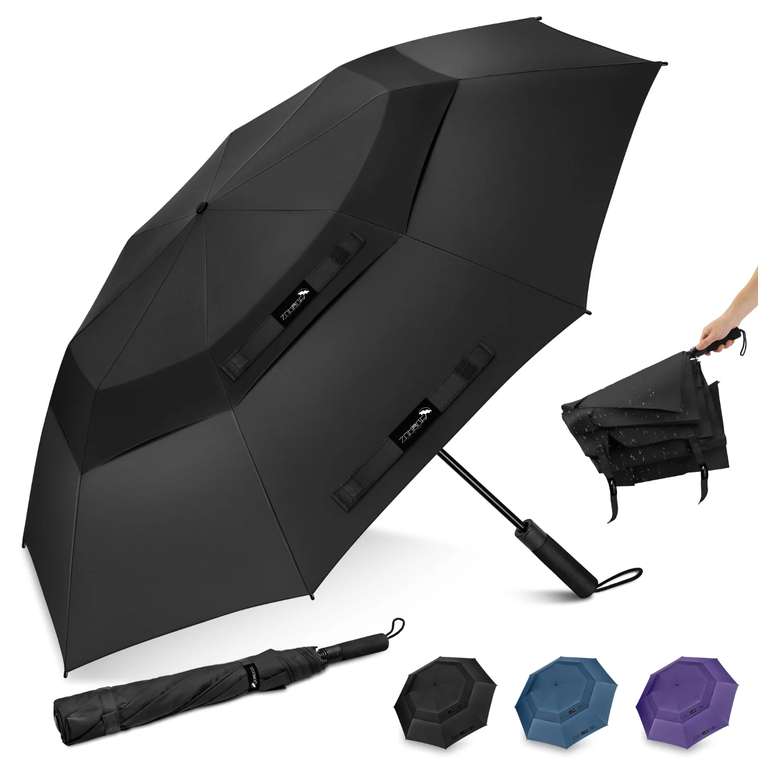 ZOMAKE Large Compact Golf Umbrella Windproof 62", Black